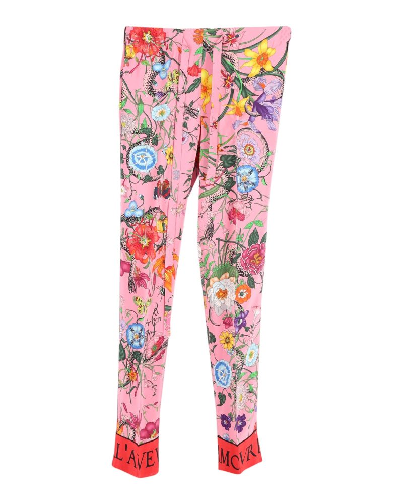 Gucci Snake Flora Print Trousers in Pink Silk - Barde