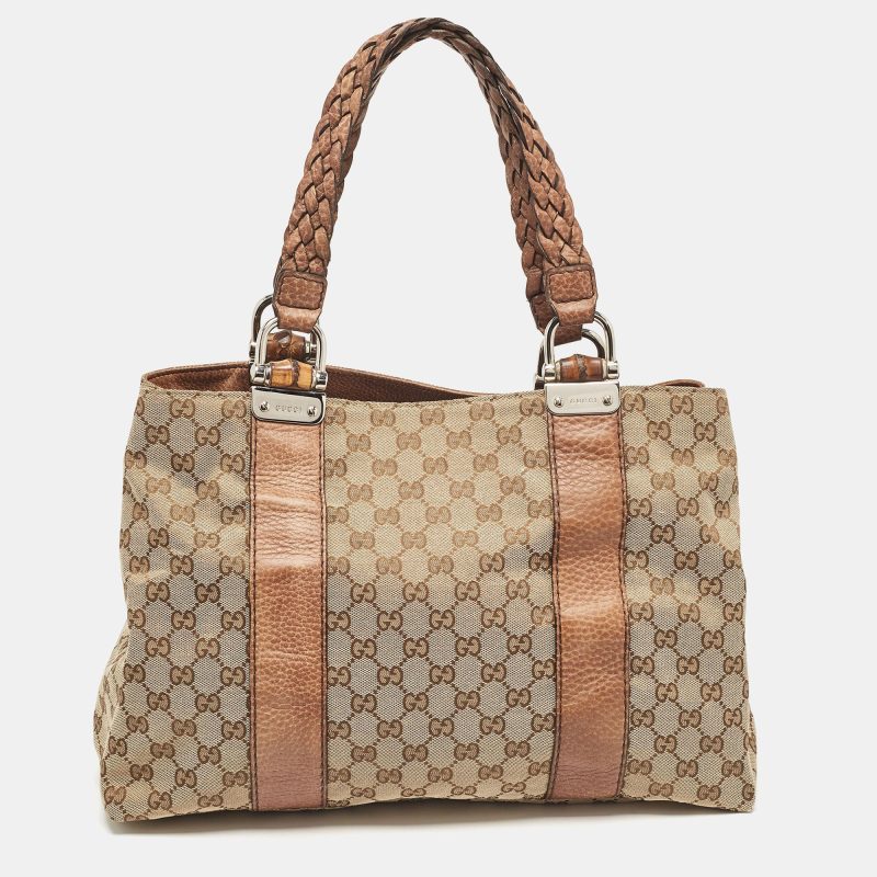 Gucci Beige/brown Gg Canvas And Leather Medium Bamboo Bar Tote - Barde