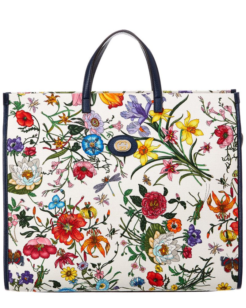 Gucci Medium Flora Canvas & Leather Tote, White - Barde