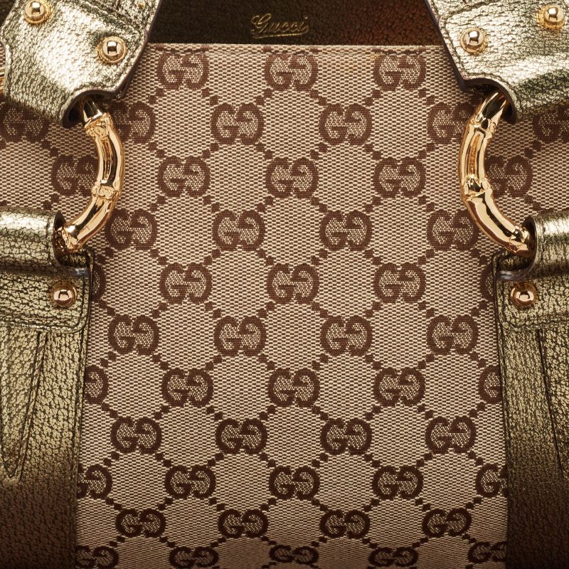 Gucci Metallic/beige Gg Canvas And Leather Bamboo Ring Satchel - Barde - Image 4