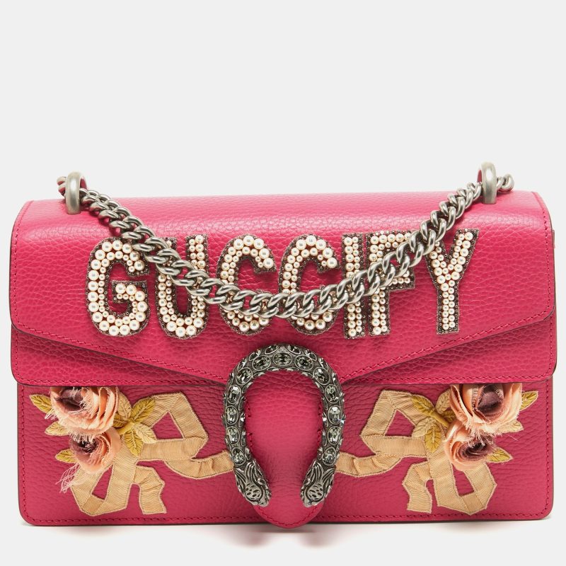 Gucci Magenta Leather Small Guccify Pearl Embellished Dionysus Shoulder Bag - Barde