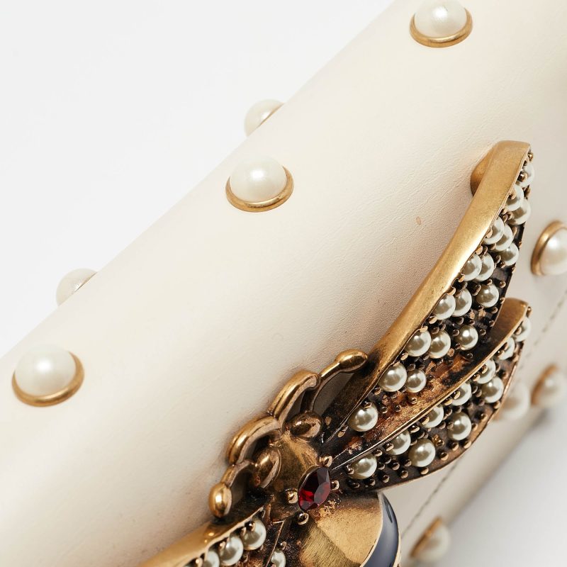 Gucci Off White Leather Mini Pearl Studded Broadway Bee Shoulder Bag - Barde - Image 6